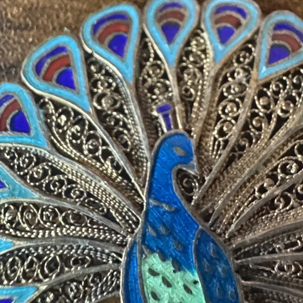 Antique Enamel Peacock Brooch Pin Blue Green